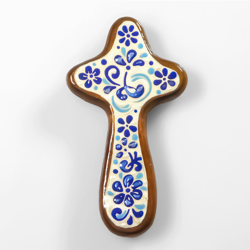 Palm Cross "Floral Blue on White" - Wooden Holding Cross