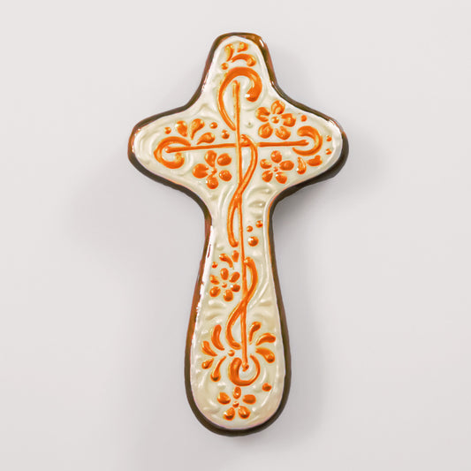 Palm Cross "Floral Gold On White" - Wooden Holding Cross