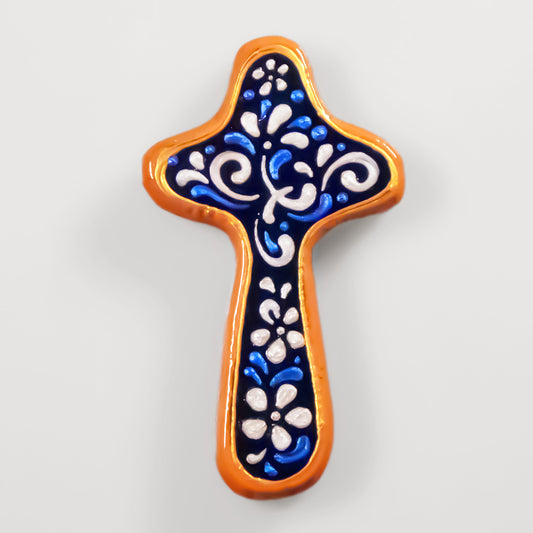 Palm Cross "Floral White on Blue" - Wooden Holding Cross