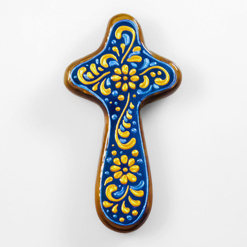 Palm Cross "Floral Gold On Blue" - Wooden Holding Cross