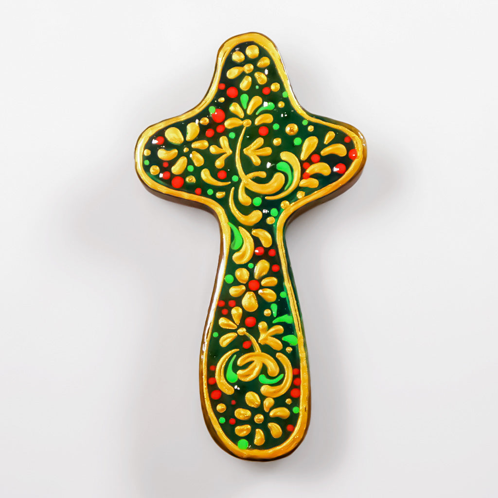 Palm Cross "Floral Gold on Green" - Wooden Holding Cross