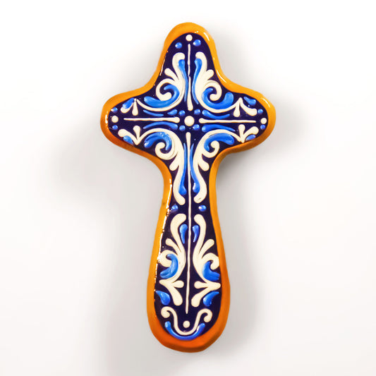 Palm Cross "Mosaic White on Blue" - Wooden Holding Cross